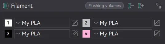 Orca Slicer Filament settings panel with 4 filaments